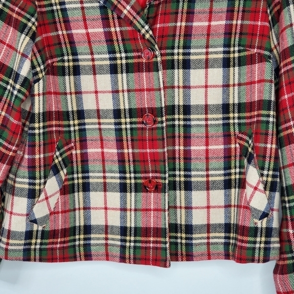 Wool Blend Plaid Jacket Size 14 Lined Cropped Tartan Blazer Festive Academia - Picture 3 of 15